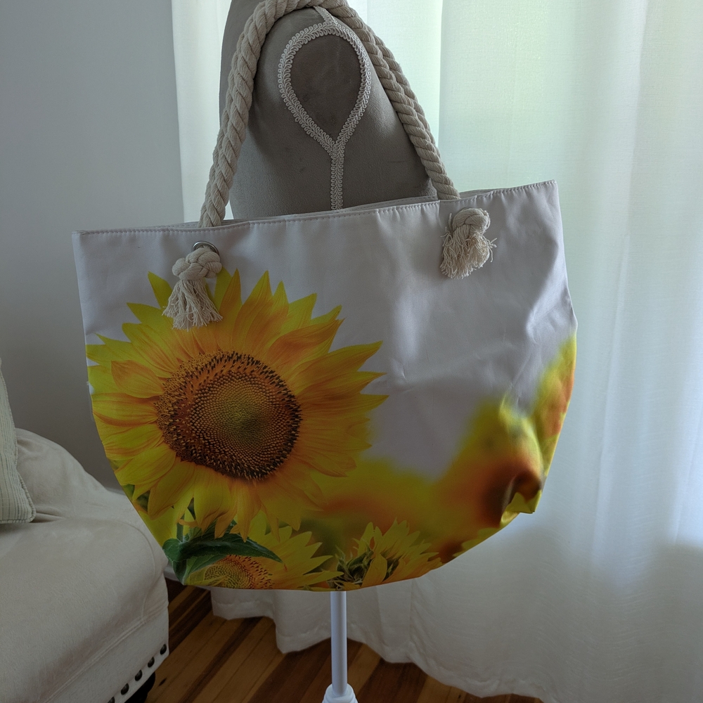Sunflower Print Large Tote Bag with Rope Handles